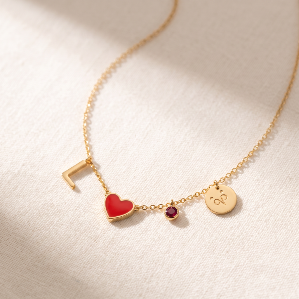 Design 134 Red, gold tone personalised necklace